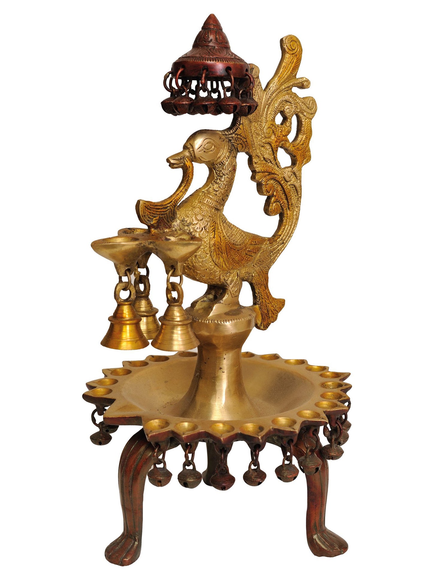 14" Peacock Lamp With Ghungroos And Bells In Brass | Brass Lamp For Temple | Designer Lamp