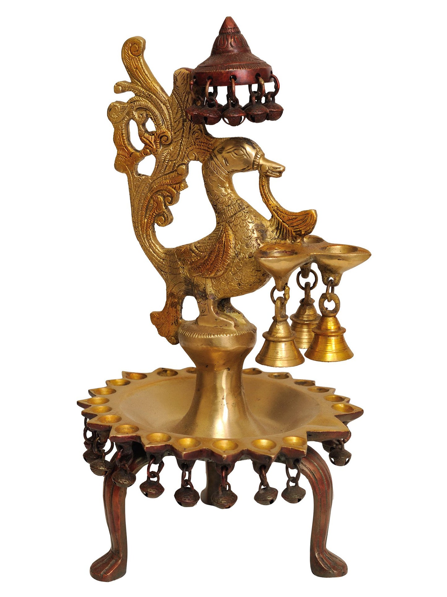 14" Peacock Lamp With Ghungroos And Bells In Brass | Brass Lamp For Temple | Designer Lamp