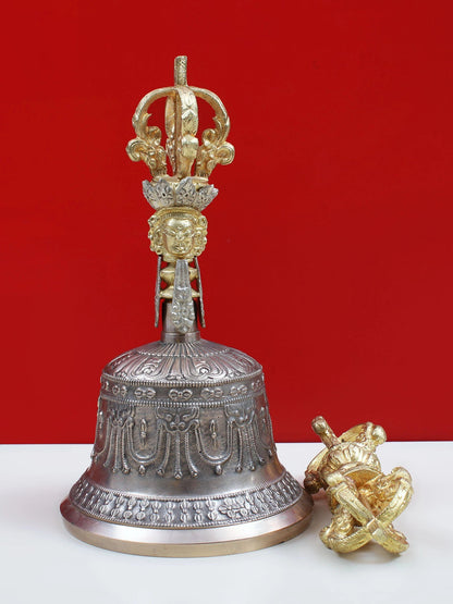 8" Designer Tibetan Buddhist Bell Dorje Made In Brass And Bronze | Bronze And Brass Bell For Temple | Designer Bell