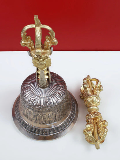 8" Designer Tibetan Buddhist Bell Dorje Made In Brass And Bronze | Bronze And Brass Bell For Temple | Designer Bell