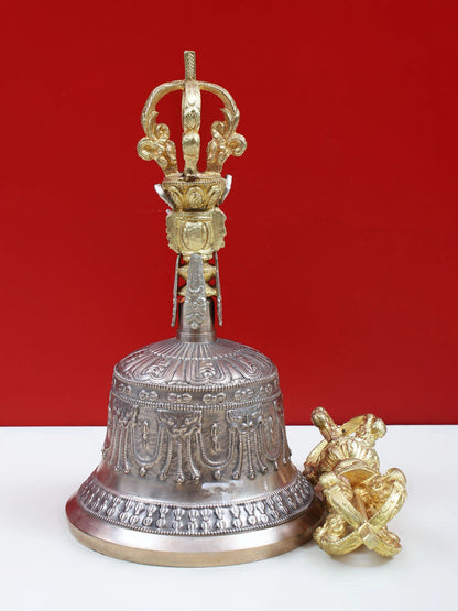 8" Designer Tibetan Buddhist Bell Dorje Made In Brass And Bronze | Bronze And Brass Bell For Temple | Designer Bell