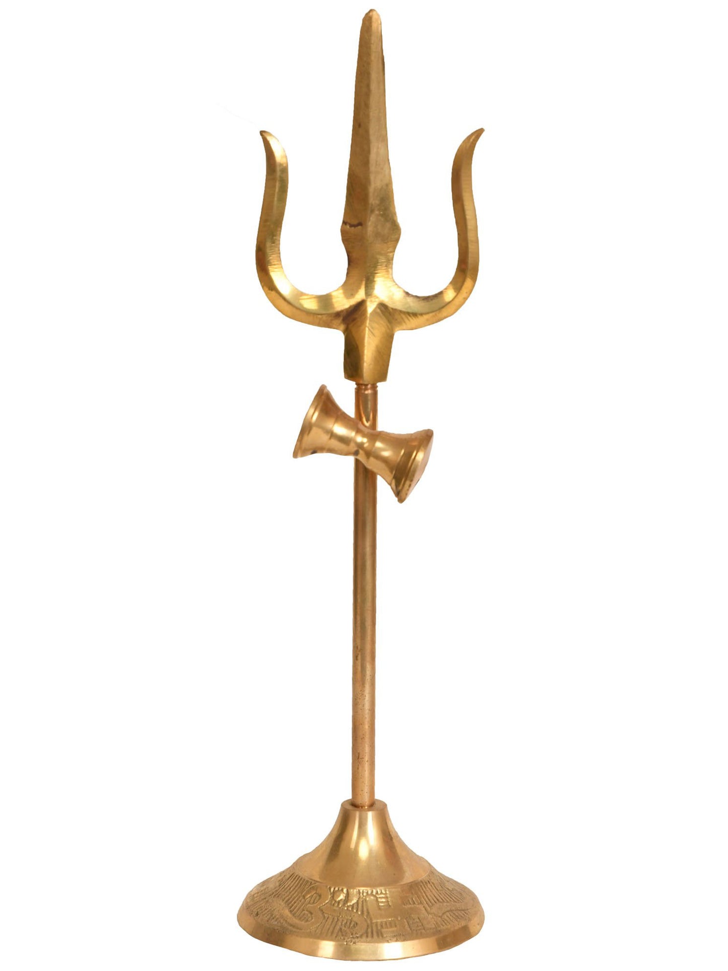 14" Shiva'S Trishul (Trident) With Small Damru In Brass | Handmade Brass Trishul