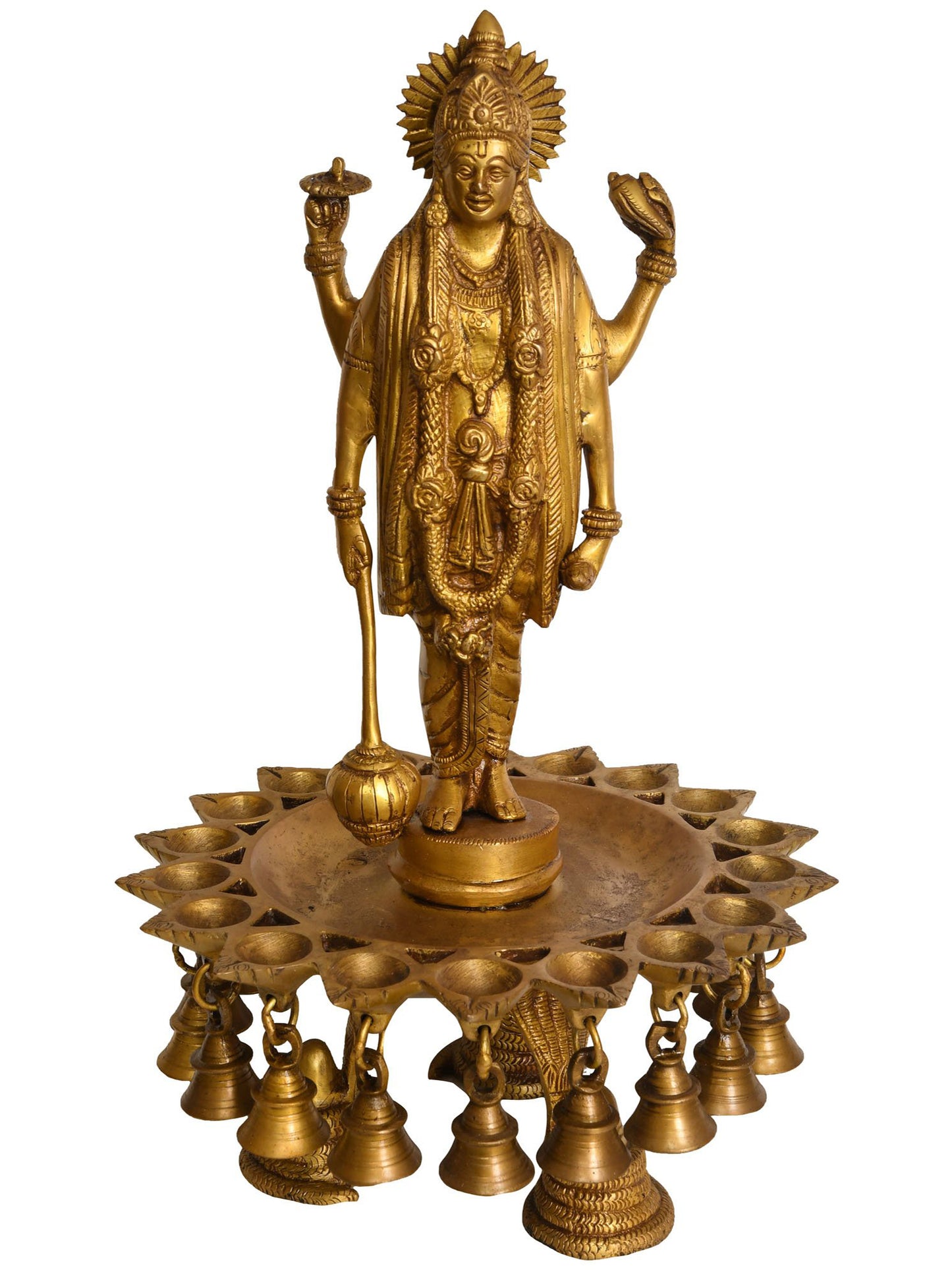 16" Lord Vishnu Wicks Lamp With Hanging Bells In Brass | Brass Lamp For Temple | Designer Lamp