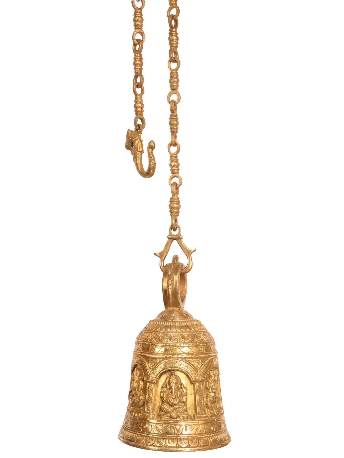 9" Lakshmi, Ganesha And Saraswati Figure Bell For Temple Ceiling In Brass | Brass Bell For Temple | Designer Bell