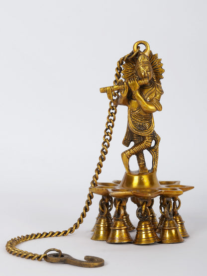 8" Brass Lord Krishna Wicks Hanging Lamp For Roof With Bells And Chain | Brass Lamp For Temple | Designer Lamp