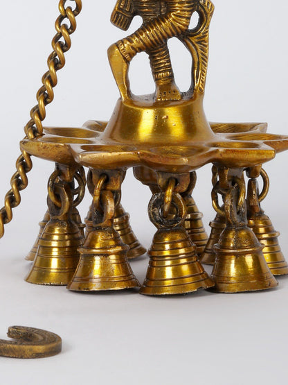 8" Brass Lord Krishna Wicks Hanging Lamp For Roof With Bells And Chain | Brass Lamp For Temple | Designer Lamp