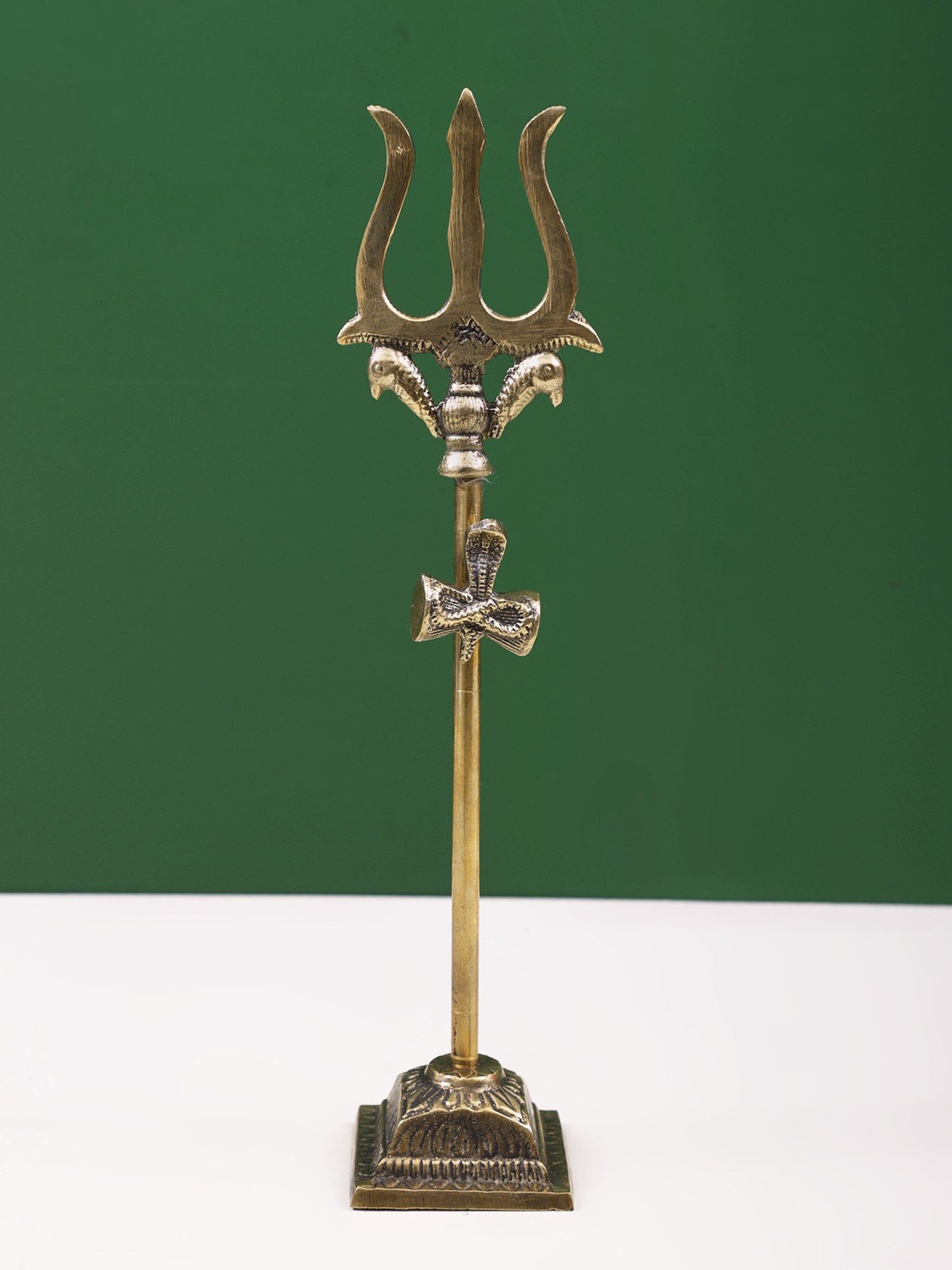 11" Brass Trishul With Seated Snake On Damru | Handmade Brass Trident