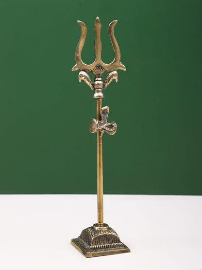 11" Brass Trishul With Seated Snake On Damru | Handmade Brass Trident