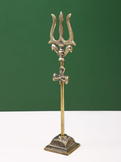 11" Brass Trishul With Seated Snake On Damru | Handmade Brass Trident