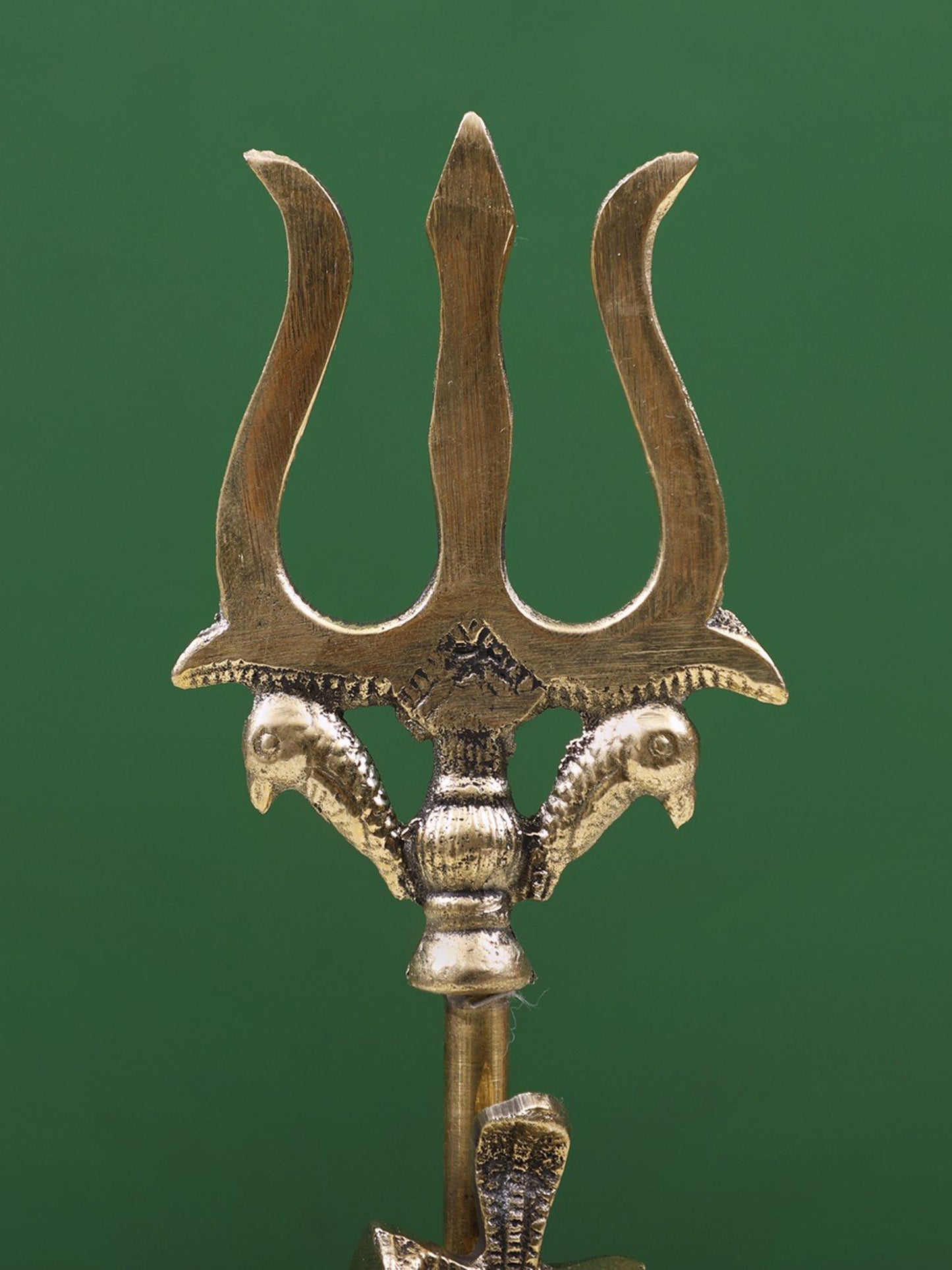 11" Brass Trishul With Seated Snake On Damru | Handmade Brass Trident