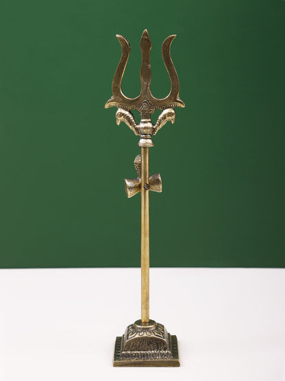 11" Brass Trishul With Seated Snake On Damru | Handmade Brass Trident