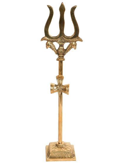 11" Brass Trishul With Seated Snake On Damru | Handmade Brass Trident