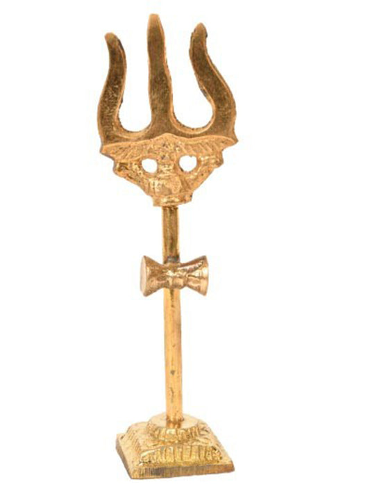 1" Small Brass Trishul With Damru And Base | Handmade Brass Trident For Temple