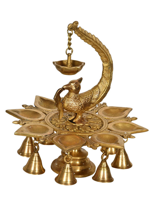 10" Peacock Wick Lamp with Bells in Brass | Handmade | Made in India