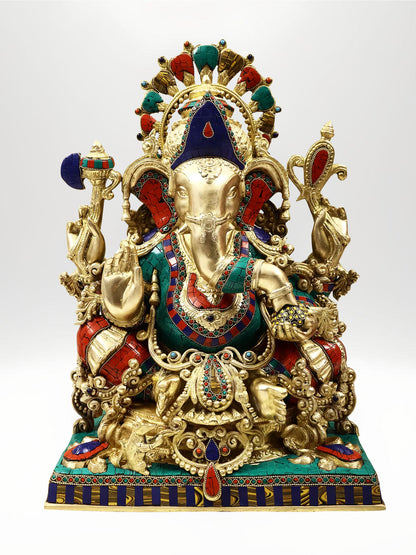 20-Inch Ornamented Lord Ganesha Brass Statue with Inlay Work