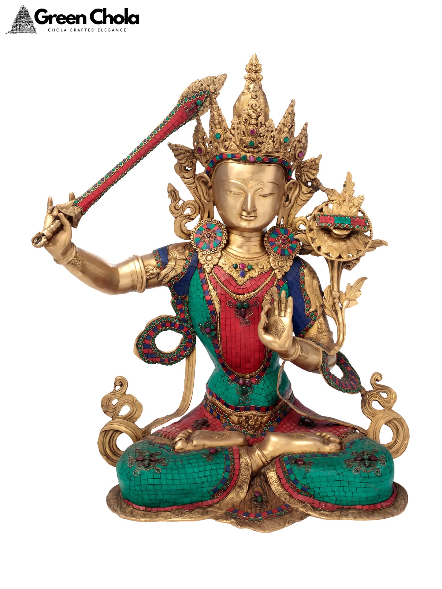 32-Inch Large Bodhisattva Manjushri Brass Statue | Tibetan Buddhist Deity Statue