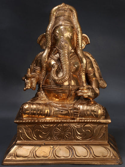 9" Ganesha Wearing A Long South Indian Garland Panchaloha Bronze Statue | Handmade Ganesha Idol