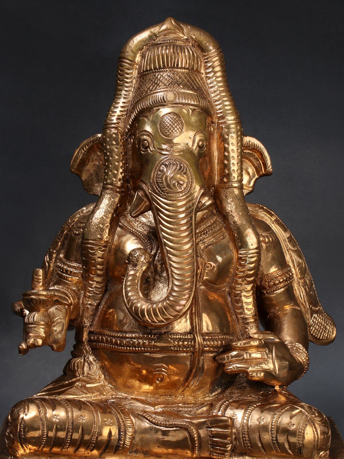 9" Ganesha Wearing A Long South Indian Garland Panchaloha Bronze Statue | Handmade Ganesha Idol