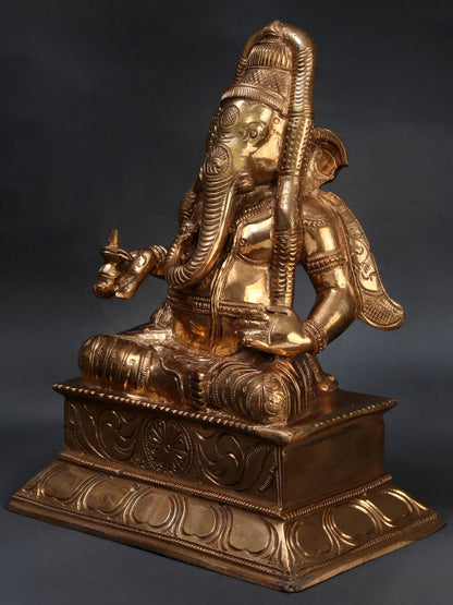 9" Ganesha Wearing A Long South Indian Garland Panchaloha Bronze Statue | Handmade Ganesha Idol