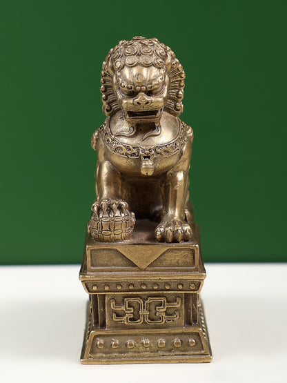 4" Small Bronze Chinese Guardian Lion Statue | Handmade Idol | Bronze Decor Statue