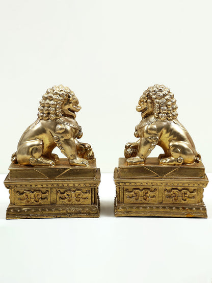 8" Bronze Pair Of Chinese Guardian Lions | Handmade Lion Statue | Bronze Decor Figurine