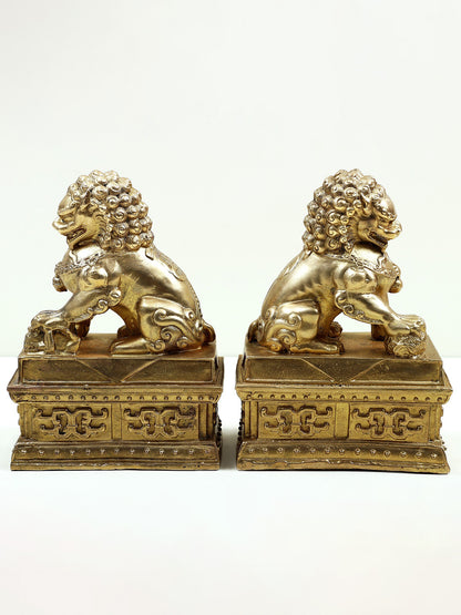 8" Bronze Pair Of Chinese Guardian Lions | Handmade Lion Statue | Bronze Decor Figurine