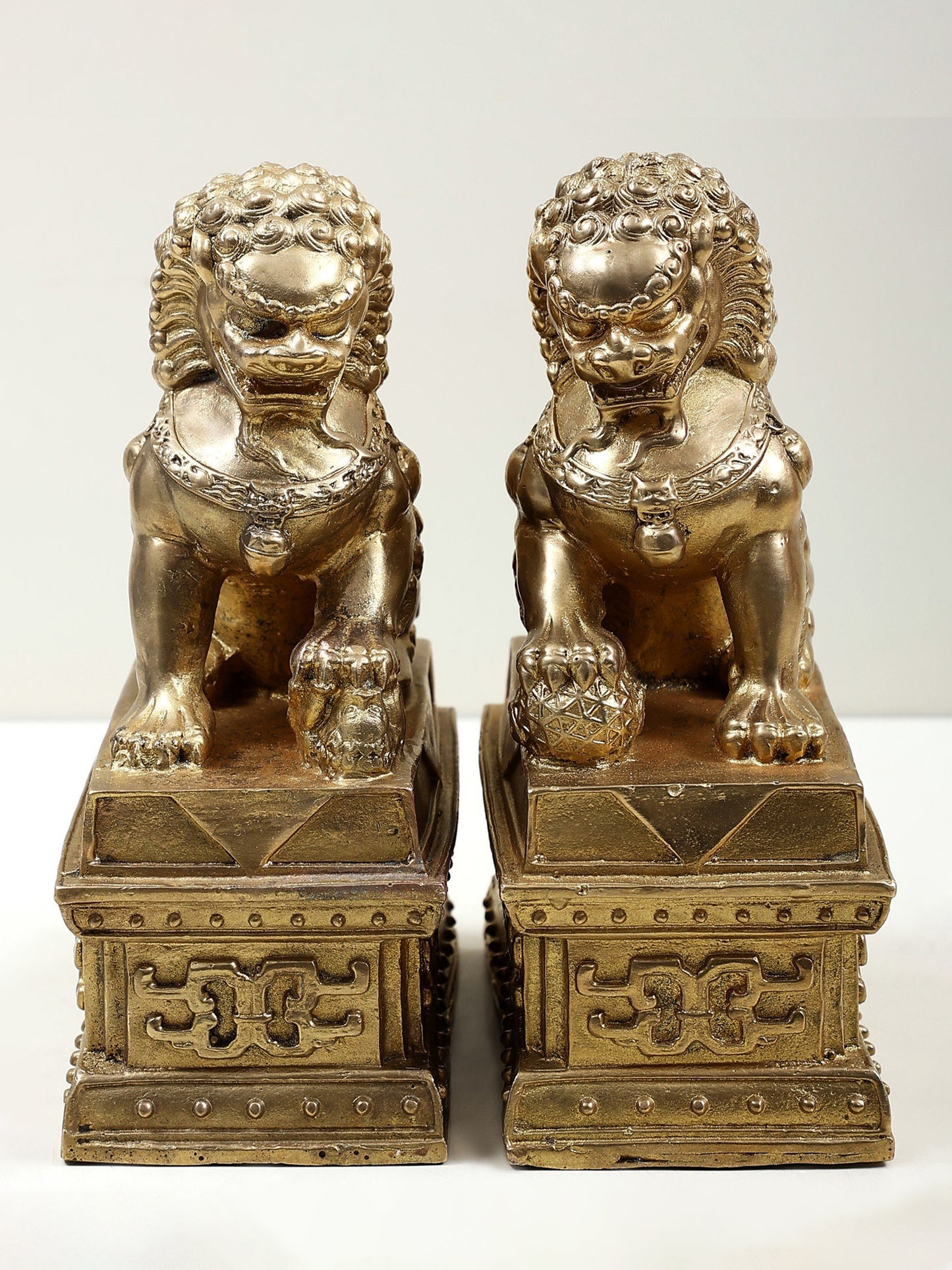 8" Bronze Pair Of Chinese Guardian Lions | Handmade Lion Statue | Bronze Decor Figurine