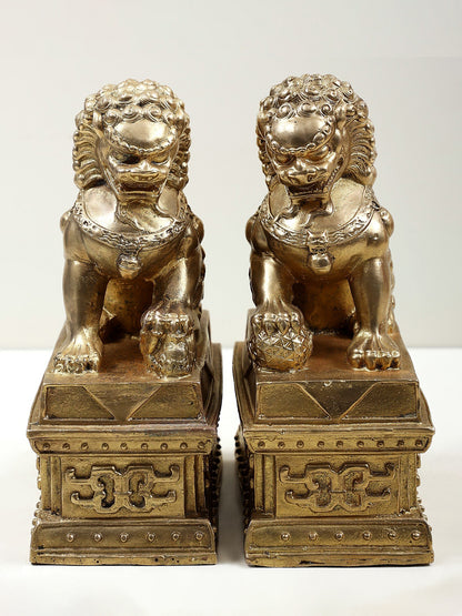 8" Bronze Pair Of Chinese Guardian Lions | Handmade Lion Statue | Bronze Decor Figurine