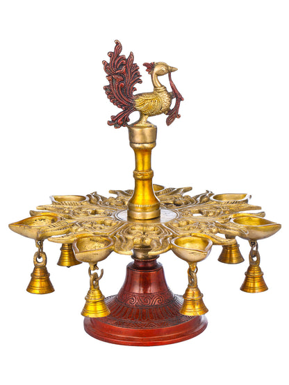 13" Seven Wicks Peacock Lamp with Bells in Brass | Handmade | Made in India