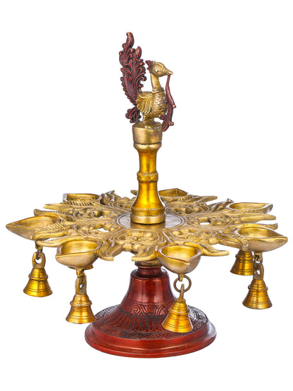 13" Seven Wicks Peacock Lamp with Bells in Brass | Handmade | Made in India