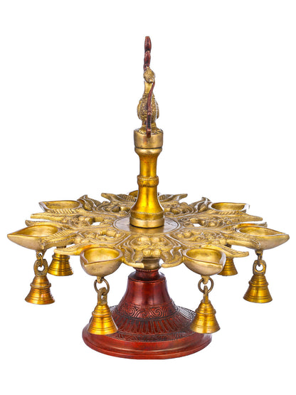 13" Seven Wicks Peacock Lamp with Bells in Brass | Handmade | Made in India