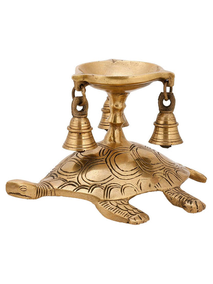 9" Brass Tortoise Oil Lamp with Hanging Bells | Handmade Brass Diya | Made in India