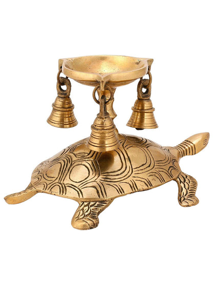 9" Brass Tortoise Oil Lamp with Hanging Bells | Handmade Brass Diya | Made in India