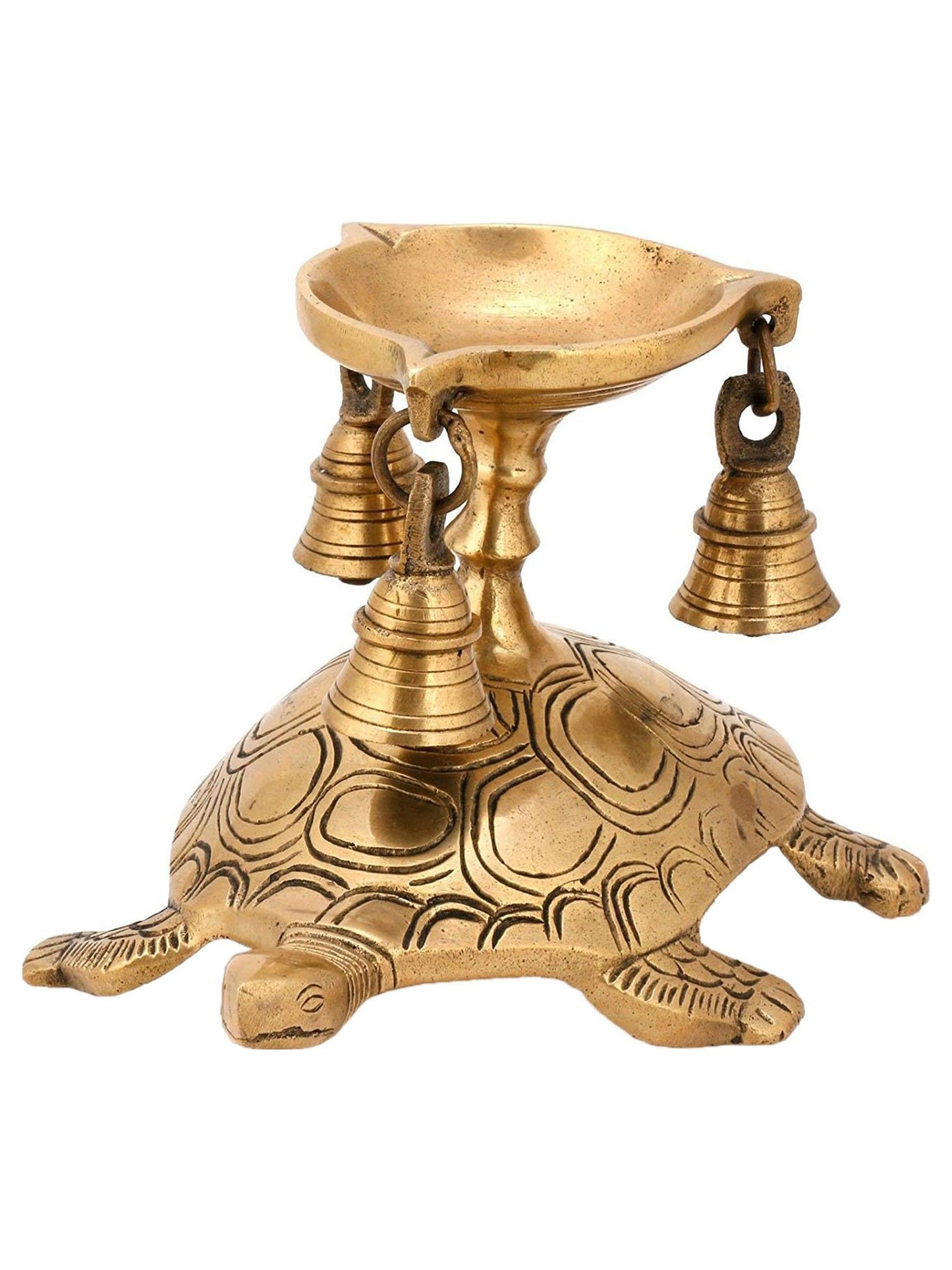 9" Brass Tortoise Oil Lamp with Hanging Bells | Handmade Brass Diya | Made in India