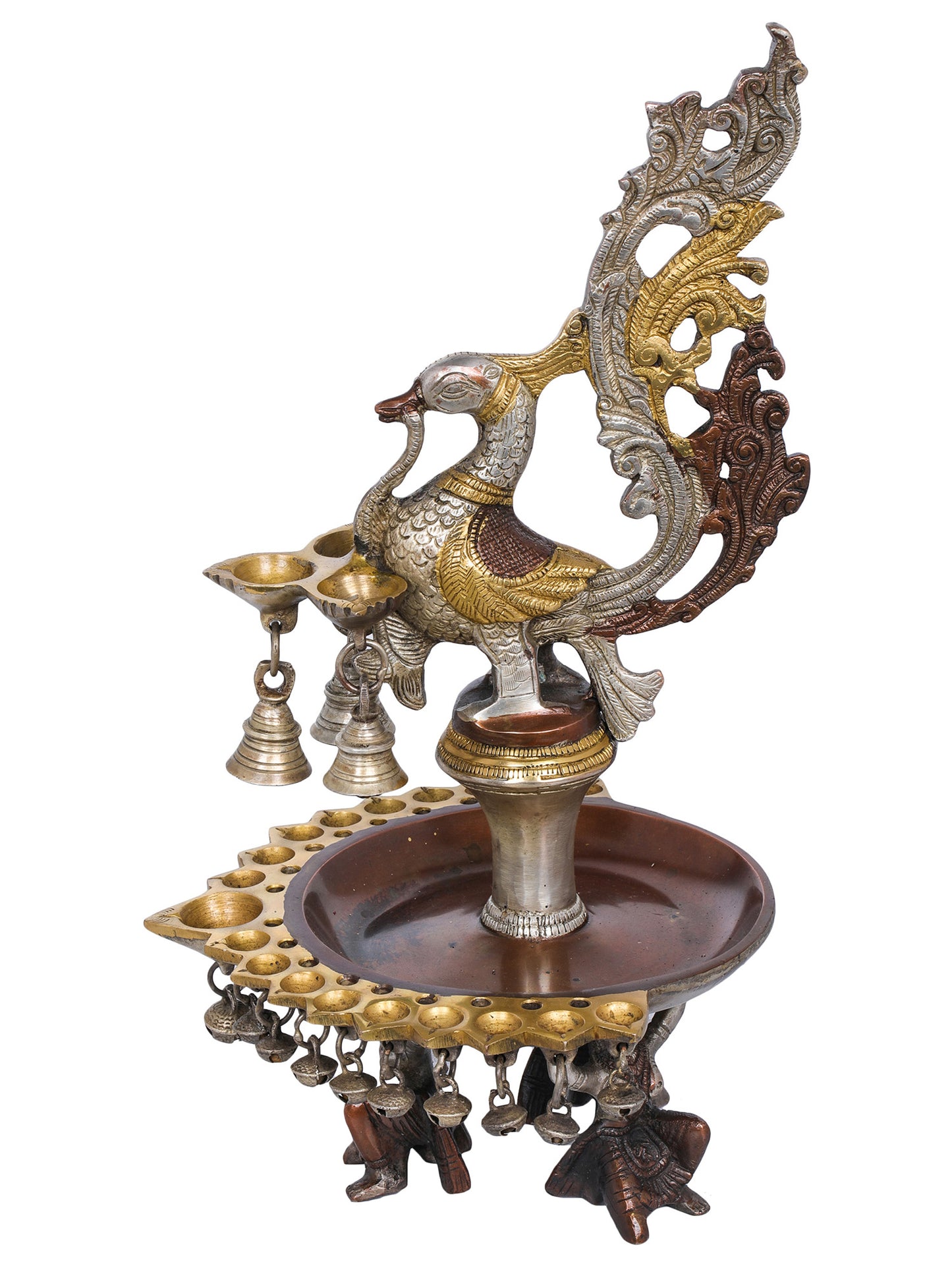 15" Twenty-Two Wicks Peacock Puja Lamp with Bells in Brass | Handmade | Made in India