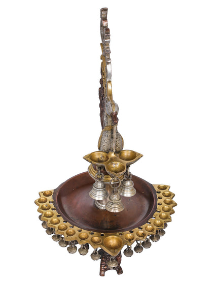 15" Twenty-Two Wicks Peacock Puja Lamp with Bells in Brass | Handmade | Made in India