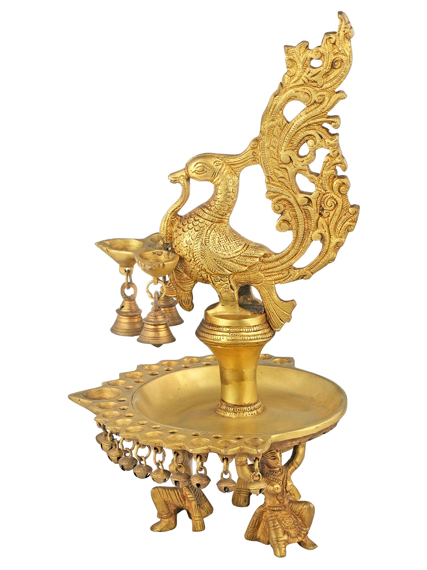 15" Twenty-Two Wicks Peacock Puja Lamp with Bells in Brass | Handmade | Made in India