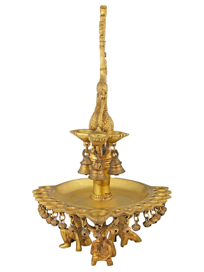 15" Twenty-Two Wicks Peacock Puja Lamp with Bells in Brass | Handmade | Made in India