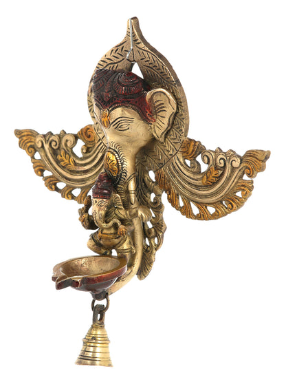 10" Ganesha Dancing Nestled in Trunk of Ganesha: Lamp and Temple Bell Wall-Hanging in Brass