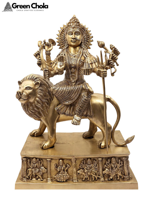 23-inch Ten-Armed Simhavahini Durga Brass Statue on Ashta-Devi Base