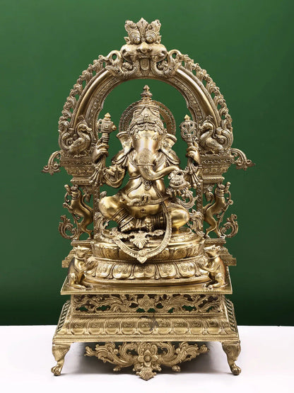 29" The Splendour Of Lord Ganesha, Seated Under A Kirtimukha Aureole | Handmade Lord Ganapati Statue