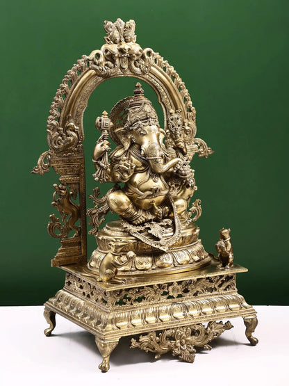 29" The Splendour Of Lord Ganesha, Seated Under A Kirtimukha Aureole | Handmade Lord Ganapati Statue