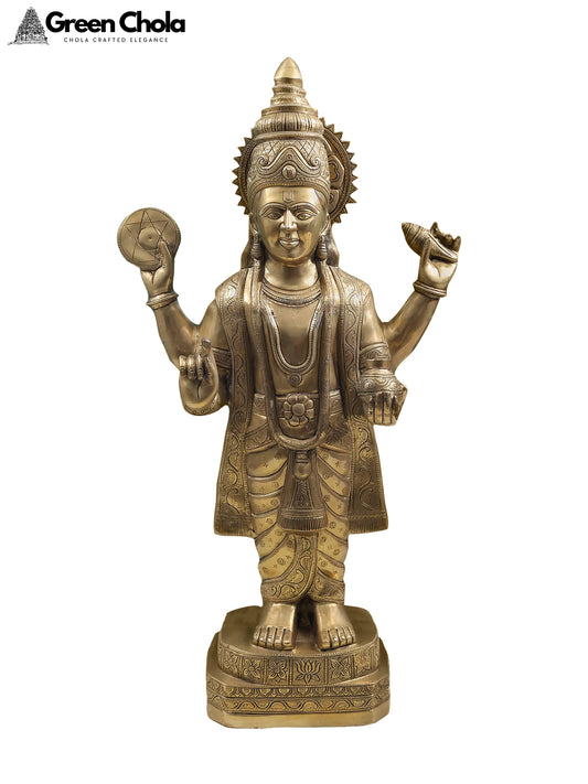 34-inch Large Dhanvantari Brass Statue - Artisan Crafted Idol