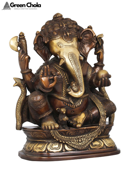 16-inch Seated Ganesha Brass Statue with Modak in Hand