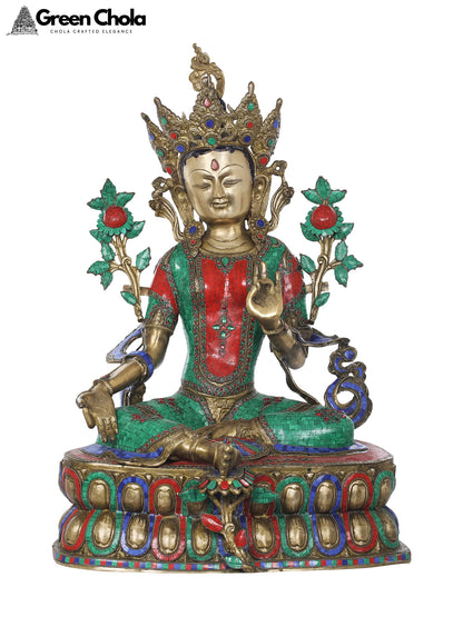 33-Inch Emerald Goddess Green Tara Brass Sculpture with Inlay Work