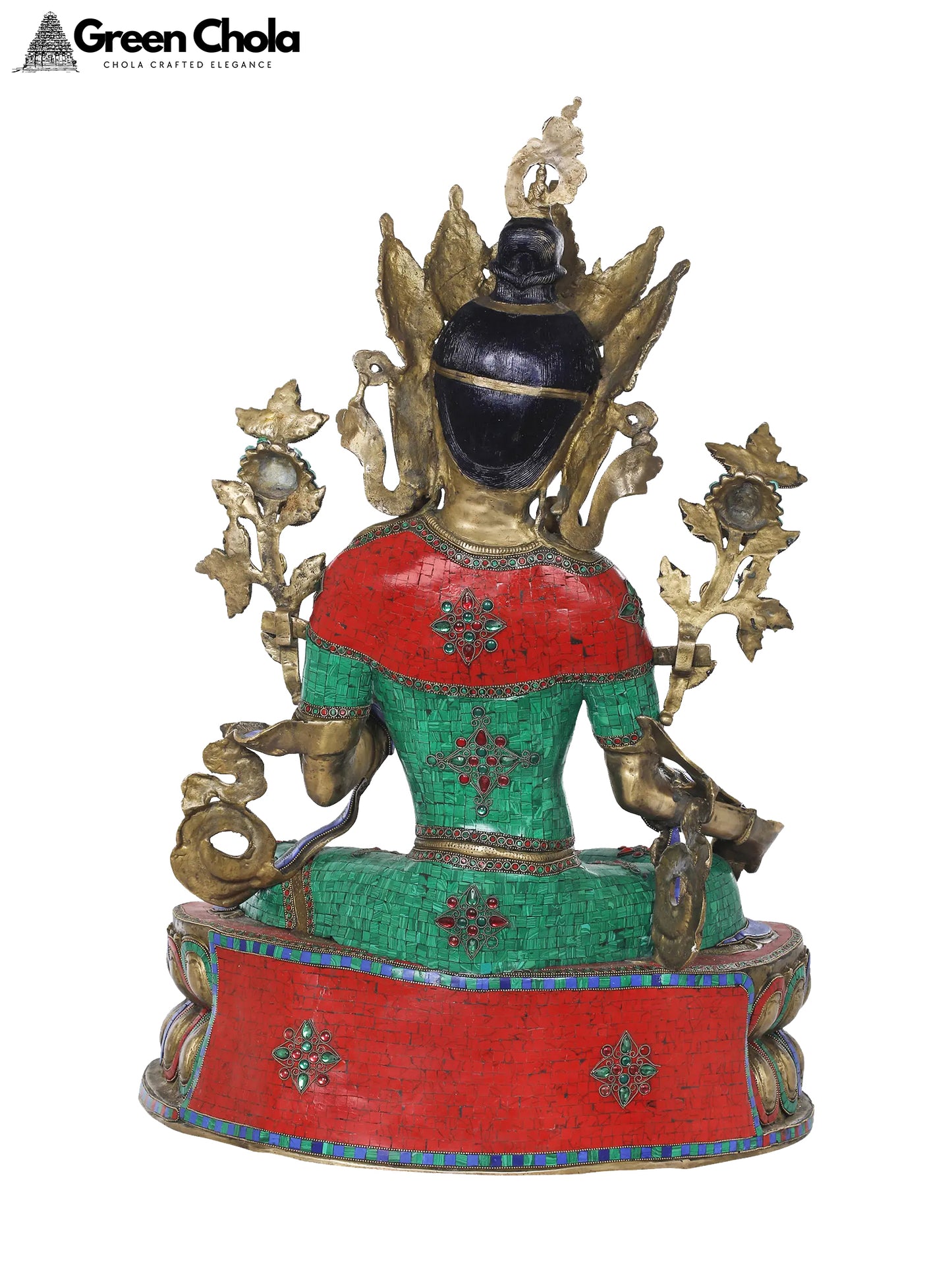 33-Inch Emerald Goddess Green Tara Brass Sculpture with Inlay Work