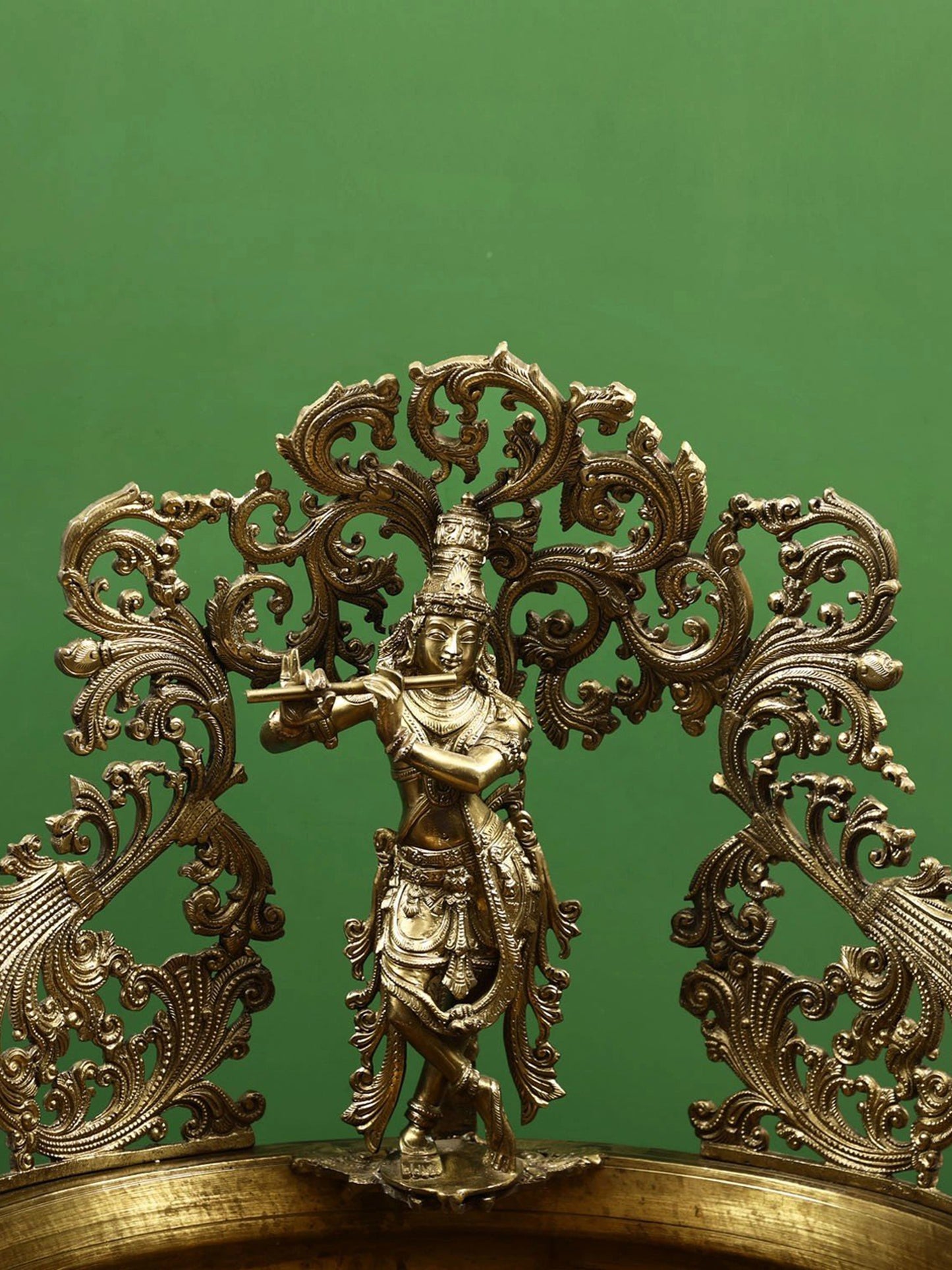 28" Lord Krishna Urli With Parrots Dangling Lamps, Peacocks And Kirtimukha | Handmade Decor Bronze Sculpture