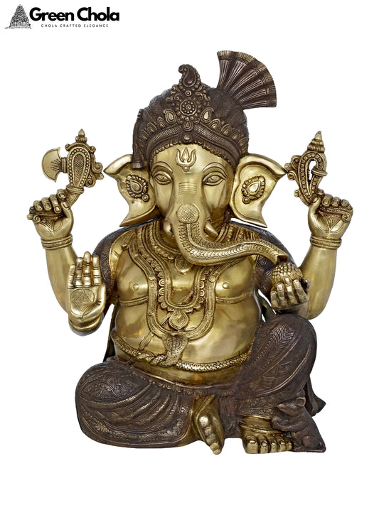 21-inch Ganesha Brass Statue Wearing Royal Crown and Turban