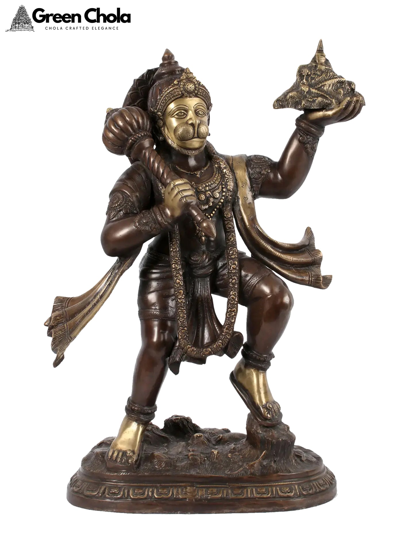 Brown Lord Hanuman Brass Statue Carrying Mountain of Sanjeevani Herbs