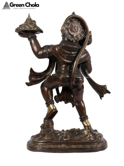 Brown Lord Hanuman Brass Statue Carrying Mountain of Sanjeevani Herbs